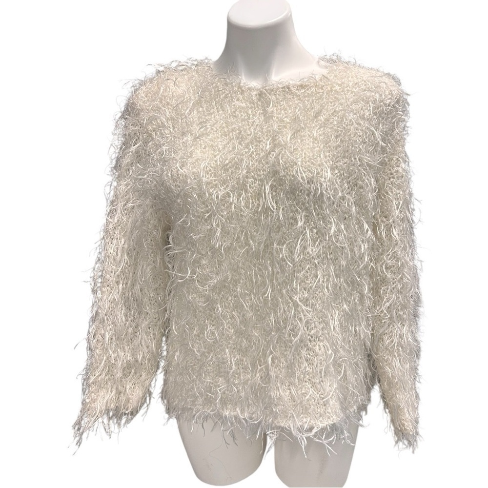 Gantos White Fuzzy Shaggy Fringe Sparkly Knit Pullover Vintage Sweater Size L